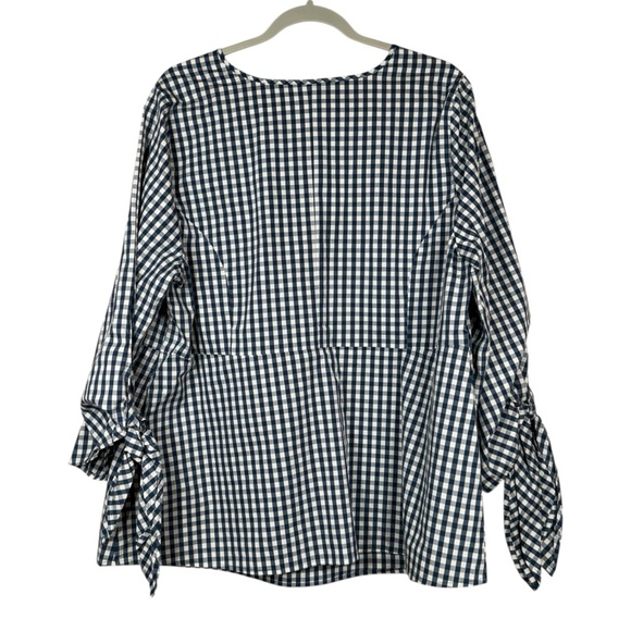 Universal Standard For J Crew Blue&White Gingham Poplin Tie Sleeve Blouse Sz 2X - Picture 12 of 15